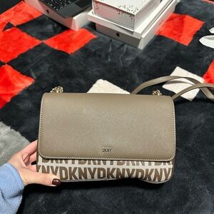 DKNY Beige and Brown Logo Crossbody Bag